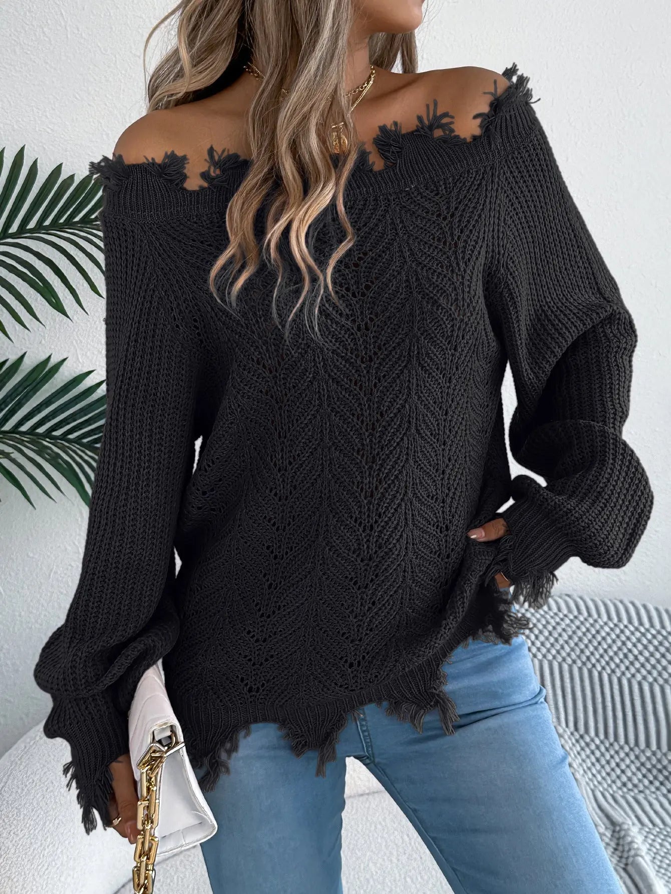 Autumn Winter Solid Color Hollow Out Cutout out Long Sleeve Cut off Shoulder Pullover Sweater Women Clothing Bella Mia
