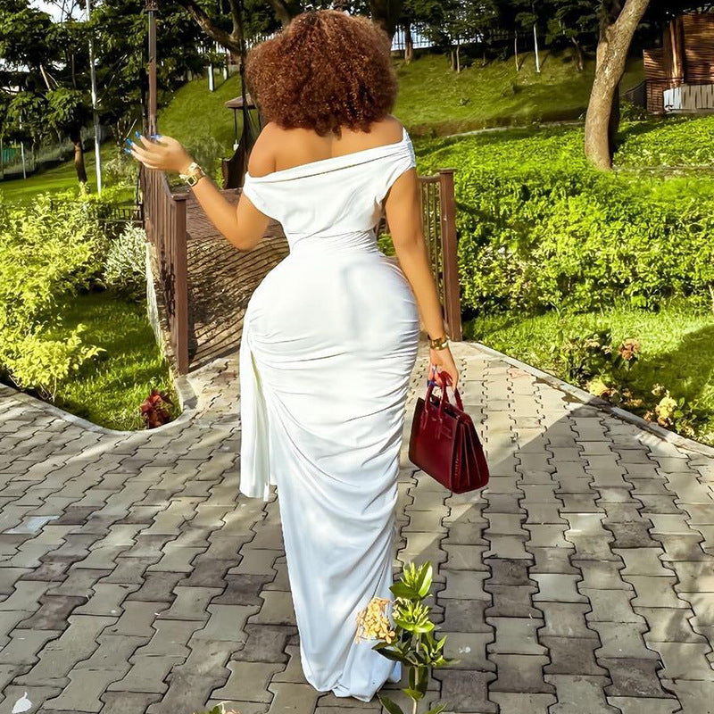 Women Clothing Solid Color Raglan Sleeve Dress Diagonal Collar Casual Ribbon Pullover Bella Mia