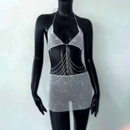 Dress Winter Chain Lace up Halterneck Dress Nightclub Mini Dress Women