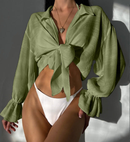 Beach Cover Up Sun Protection Front Lace Up Slub Cotton Shirt Long Sleeve Beach Sun Protection Shirt Women Bella Mia