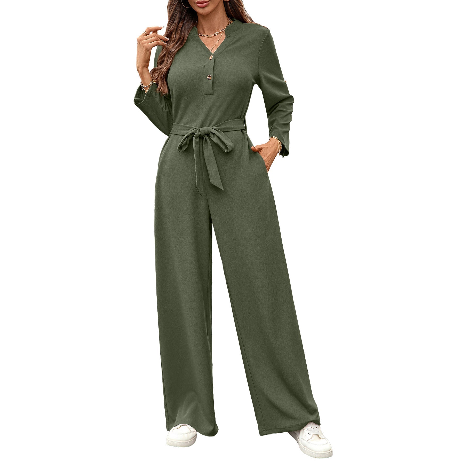 Spring Summer Solid Color High Waist Lace up Button Long Sleeve Loose Jumpsuit Bella Mia