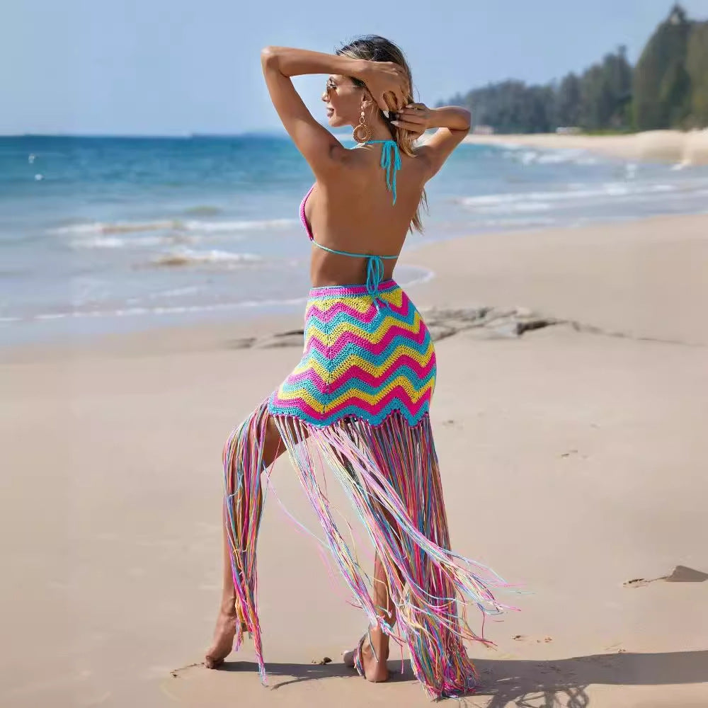 Women Clothing Sexy Hand Crocheted Wavy Tassel Beach Cover Up Skirt Set Bella Mia