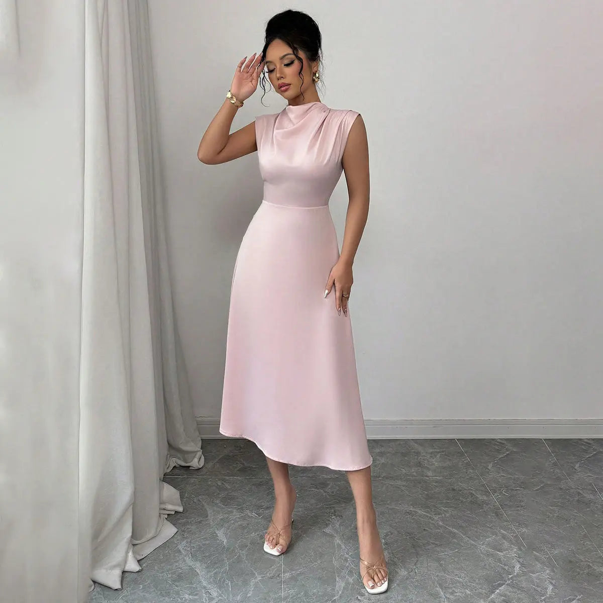 Women Clothing Summer Satin Women Pleated Satin Mid Length A line Dress Bella Mia