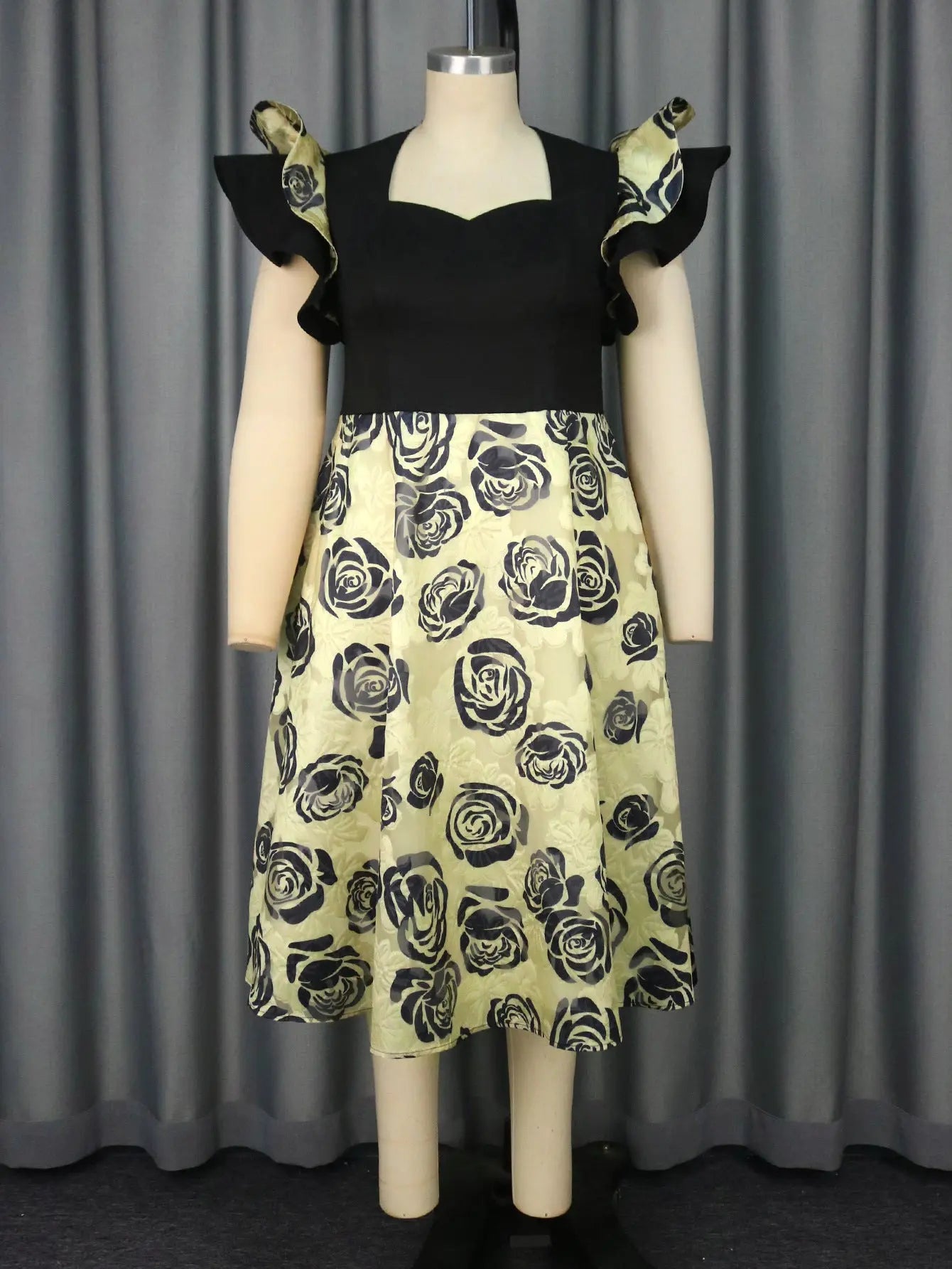 Square Collar Lotus Leaf Sleeve Dress High Waist Rose Jacquard a Swing Cocktail Dress Bella Mia