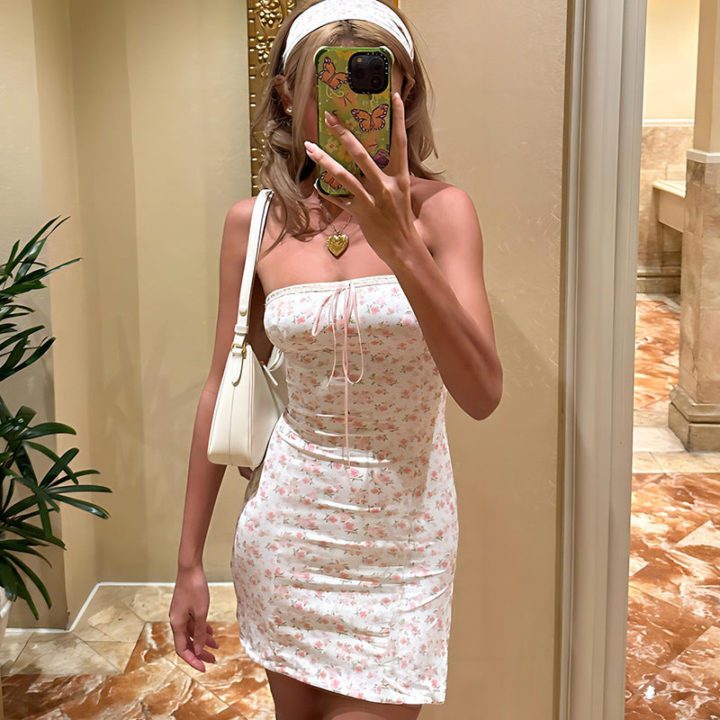 Women Clothing Fresh Sweet Sexy Wrapped Chest Sheath Tied Back All Match Floral Dress Bella Mia
