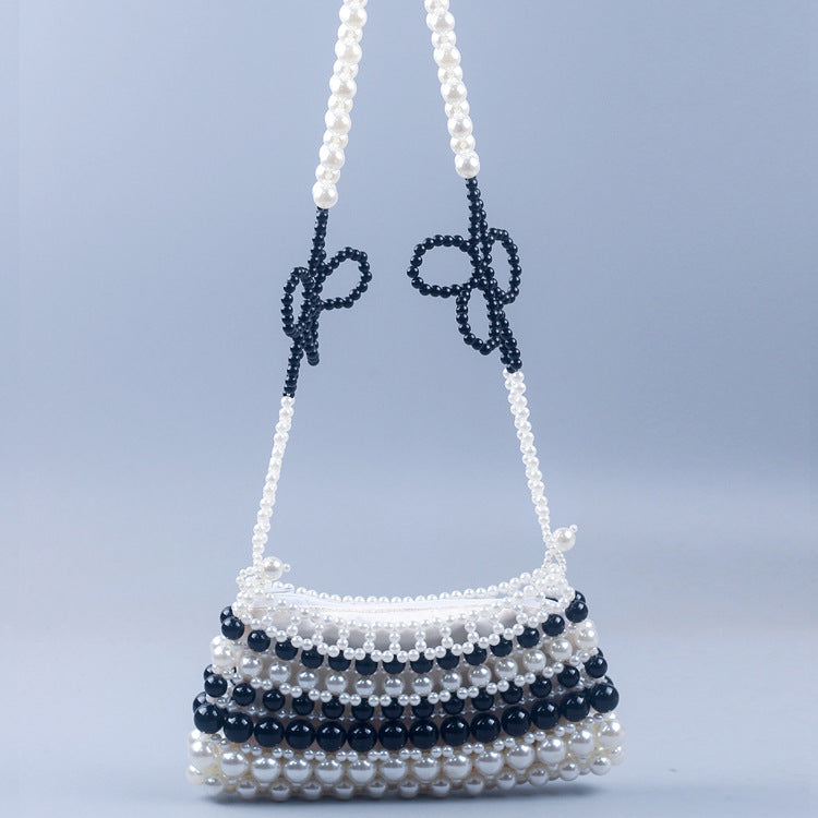 Trendy Black White Contrast Color Satchel Black Woven Floral Mobile Phone Bag Handmade Beaded Handbag Travel Bella Mia