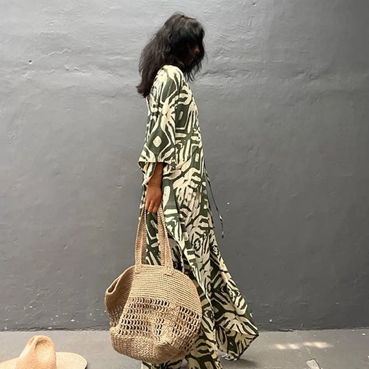 Boho Printed Beach Dress With Drawstring Tie Maxi Cover Up For Women Bella Mia