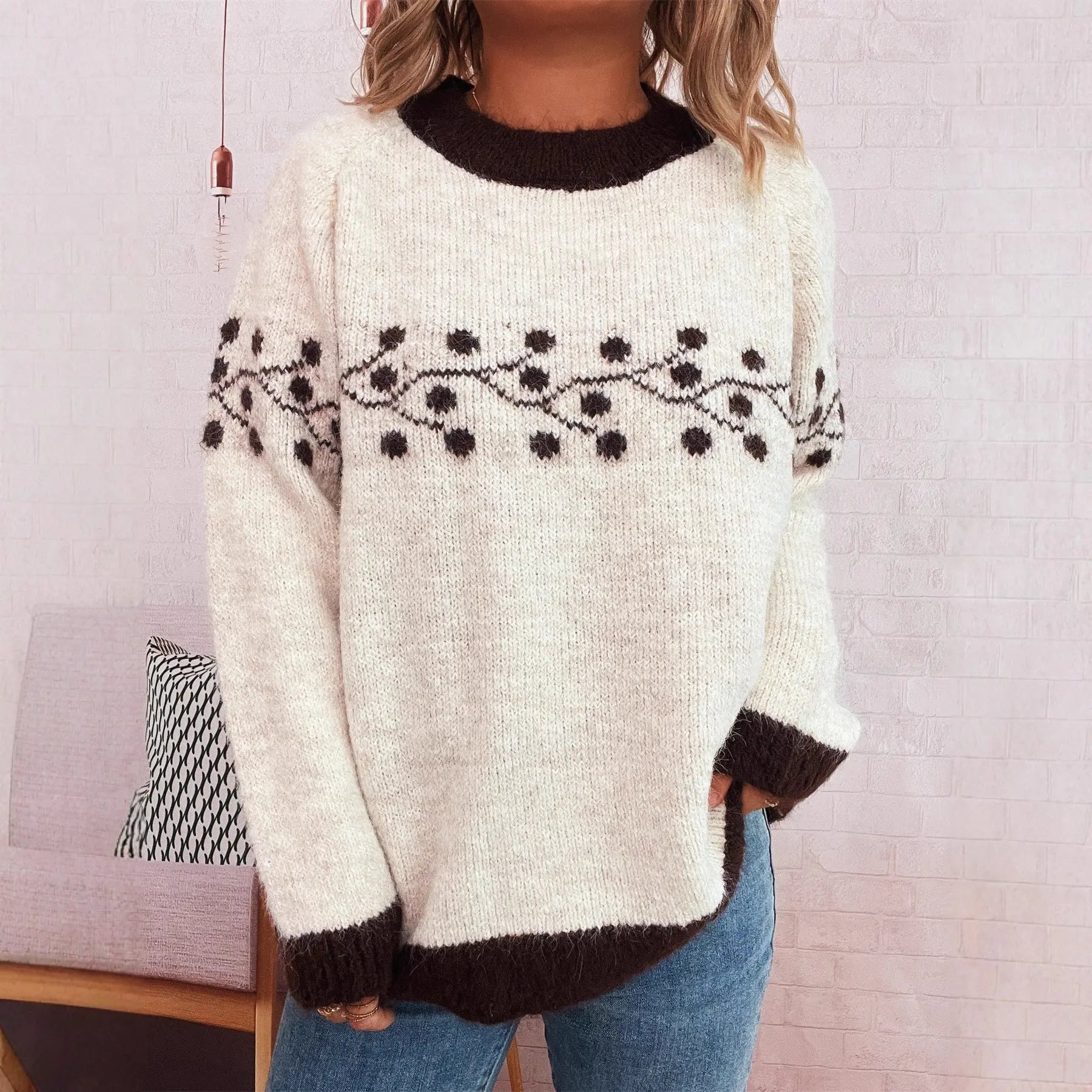 Autumn Winter Polka Dot Branch Jacquard Sweater Office Casual Sweater Pullover Women Bella Mia