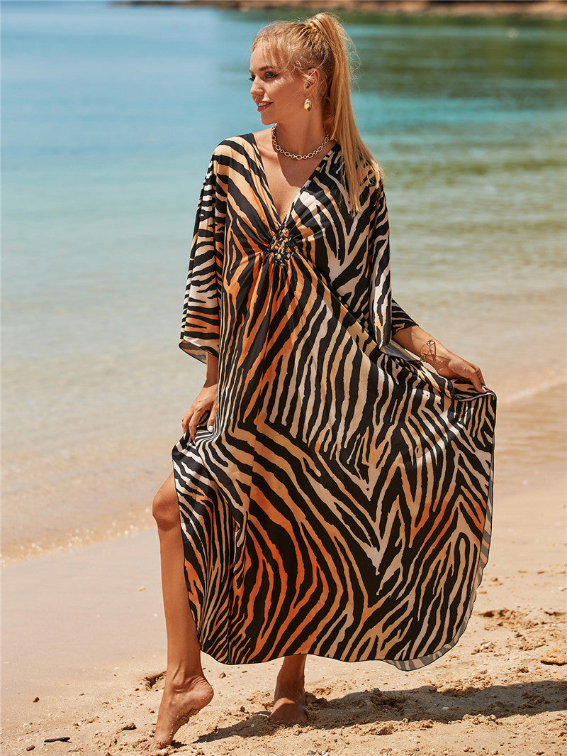 Elastic Printing Beach Cover-up Sexy Loose Chest Woven Vacation Beach Cover Up Bella Mia