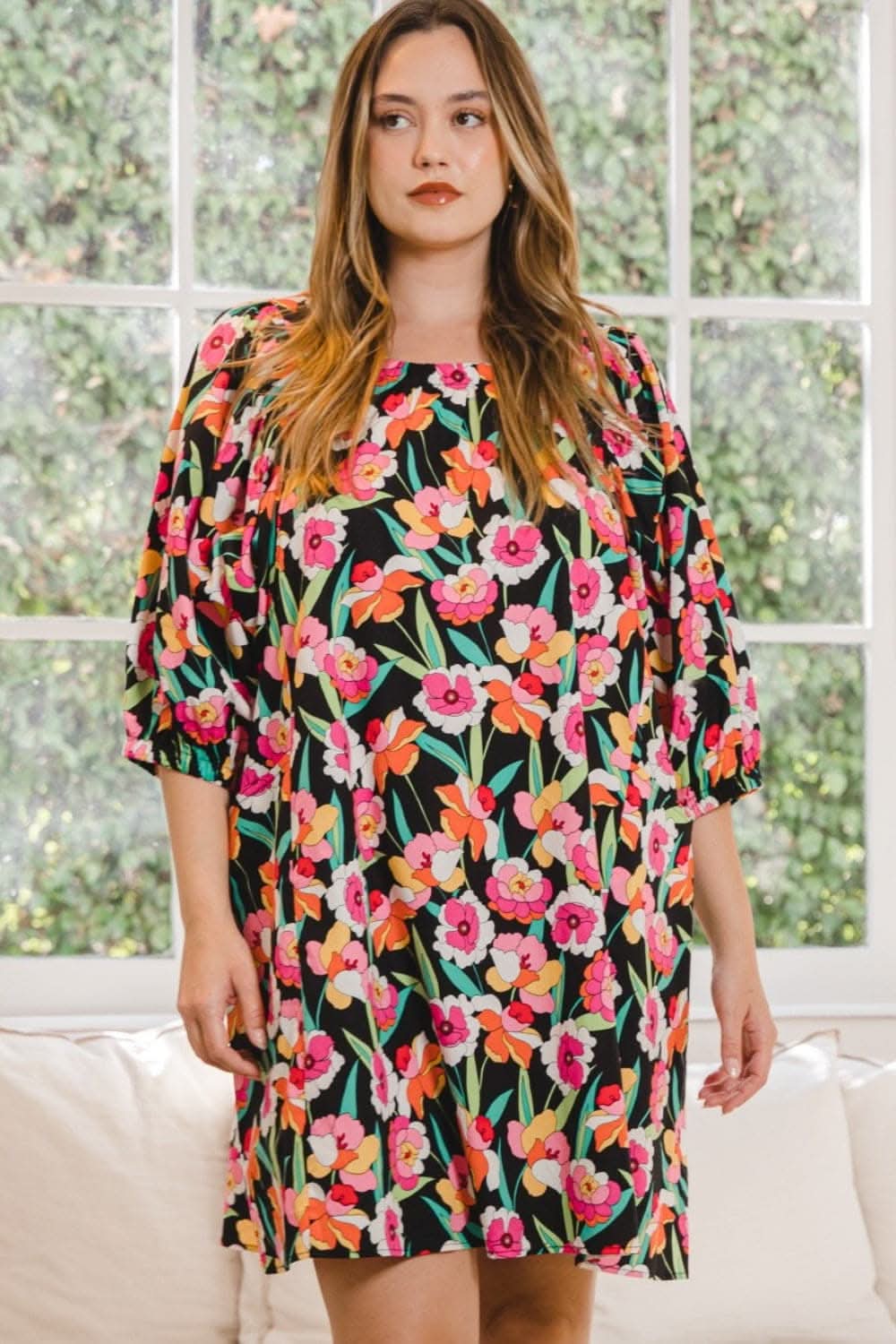 ODDI Full Size Floral Puff Sleeve Mini Dress Delight - Love Salve 