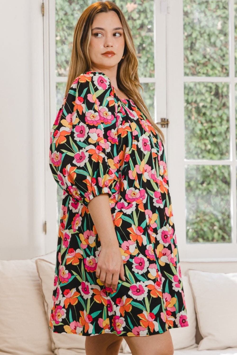 ODDI Full Size Floral Puff Sleeve Mini Dress Delight - Love Salve 