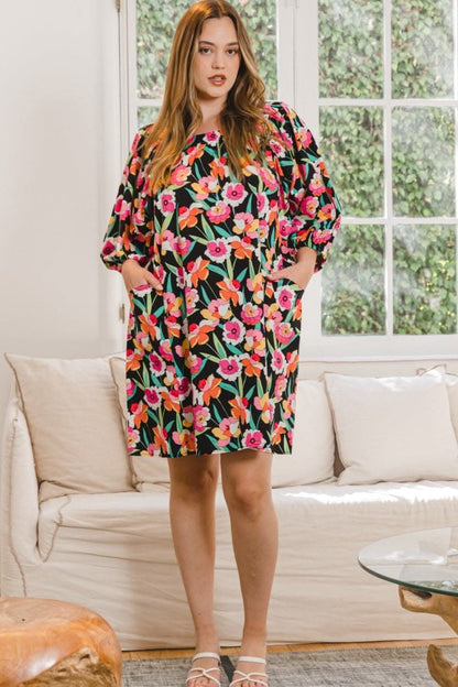 ODDI Full Size Floral Puff Sleeve Mini Dress Delight - Love Salve 