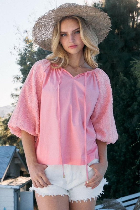 ODDI Full Size Poplin Bubble Sleeve Blouse - Love Salve 