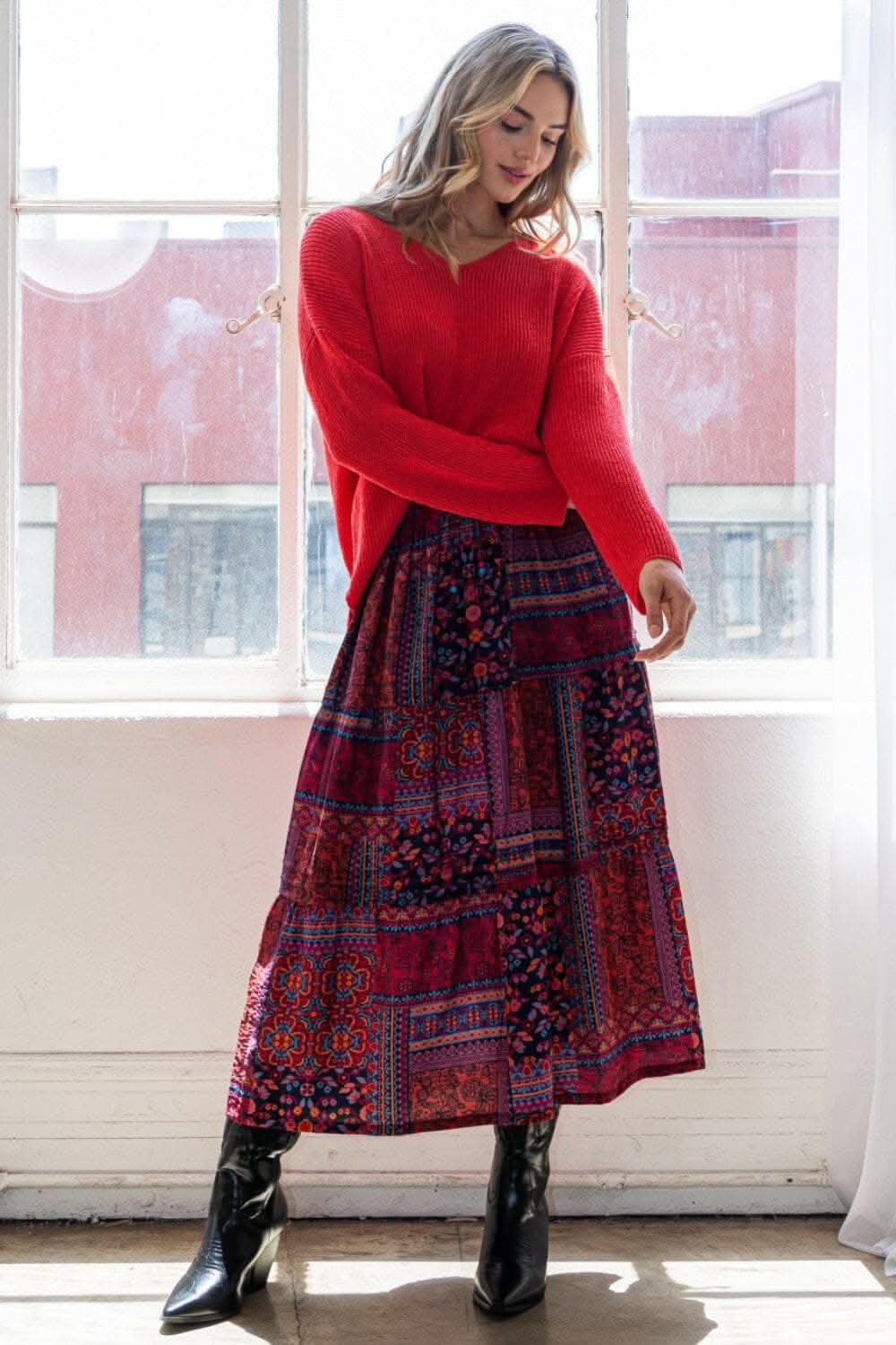ODDI Full Size Printed Tiered Maxi Skirt 