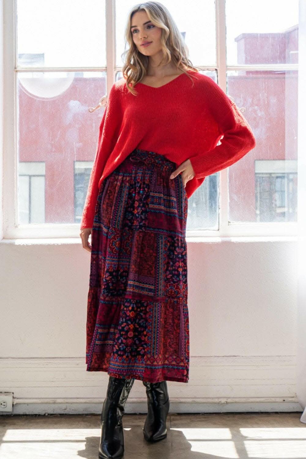 ODDI Full Size Printed Tiered Maxi Skirt 