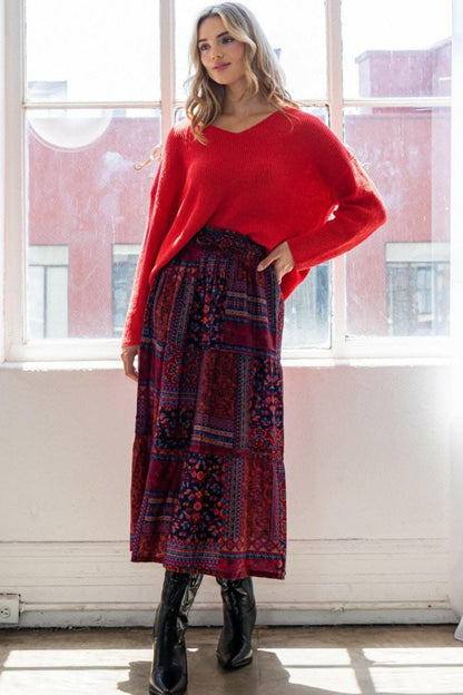 ODDI Full Size Printed Tiered Maxi Skirt 