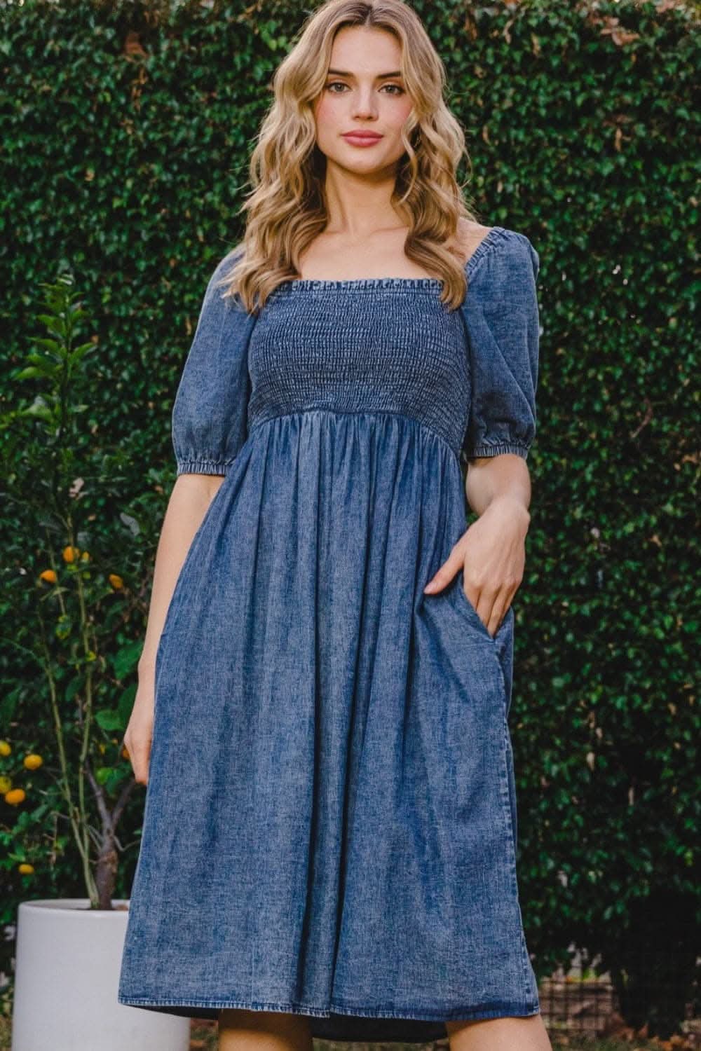 ODDI Full Size Washed Smocked Puff Sleeve Dress Chic - Love Salve 