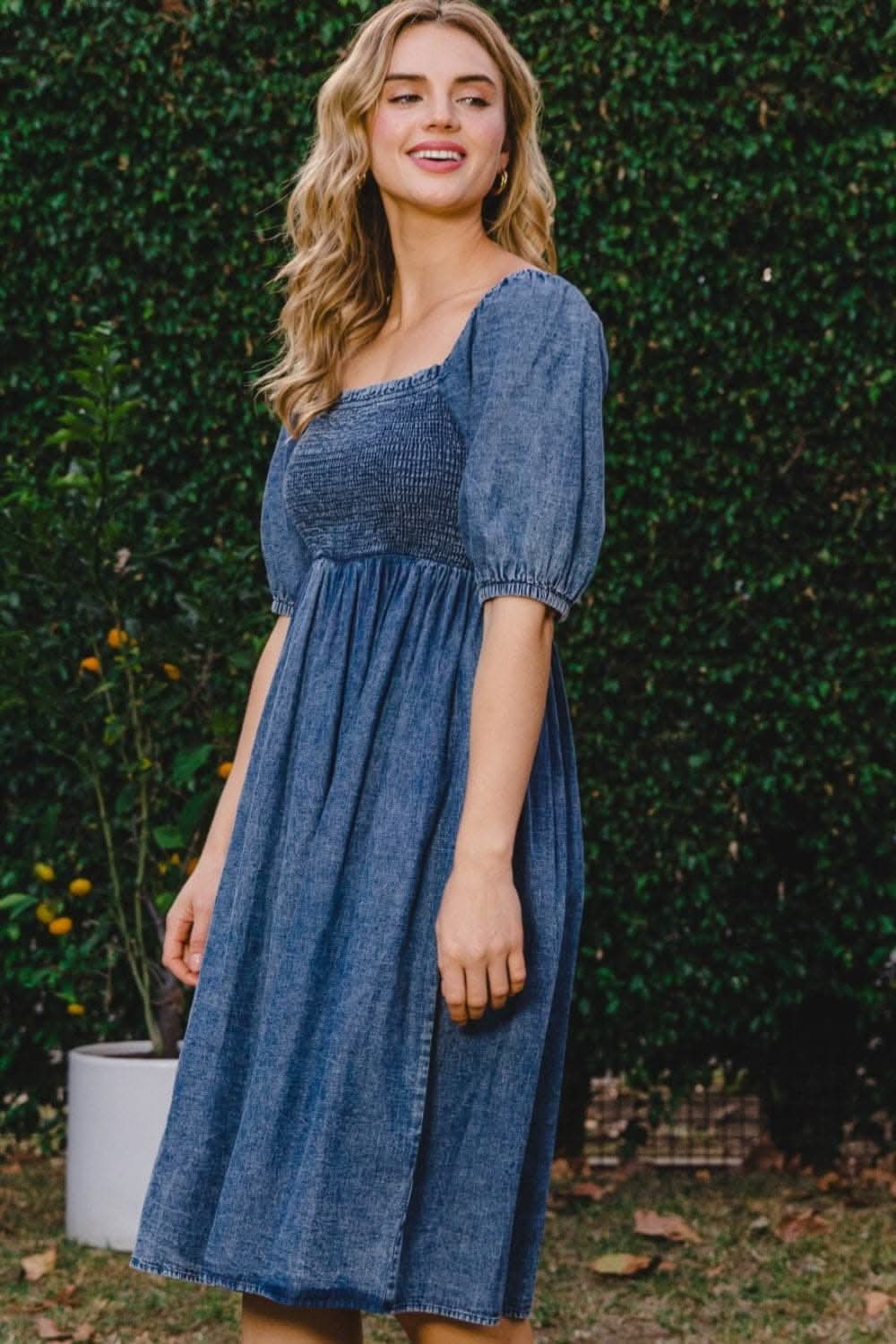 ODDI Full Size Washed Smocked Puff Sleeve Dress Chic - Love Salve 