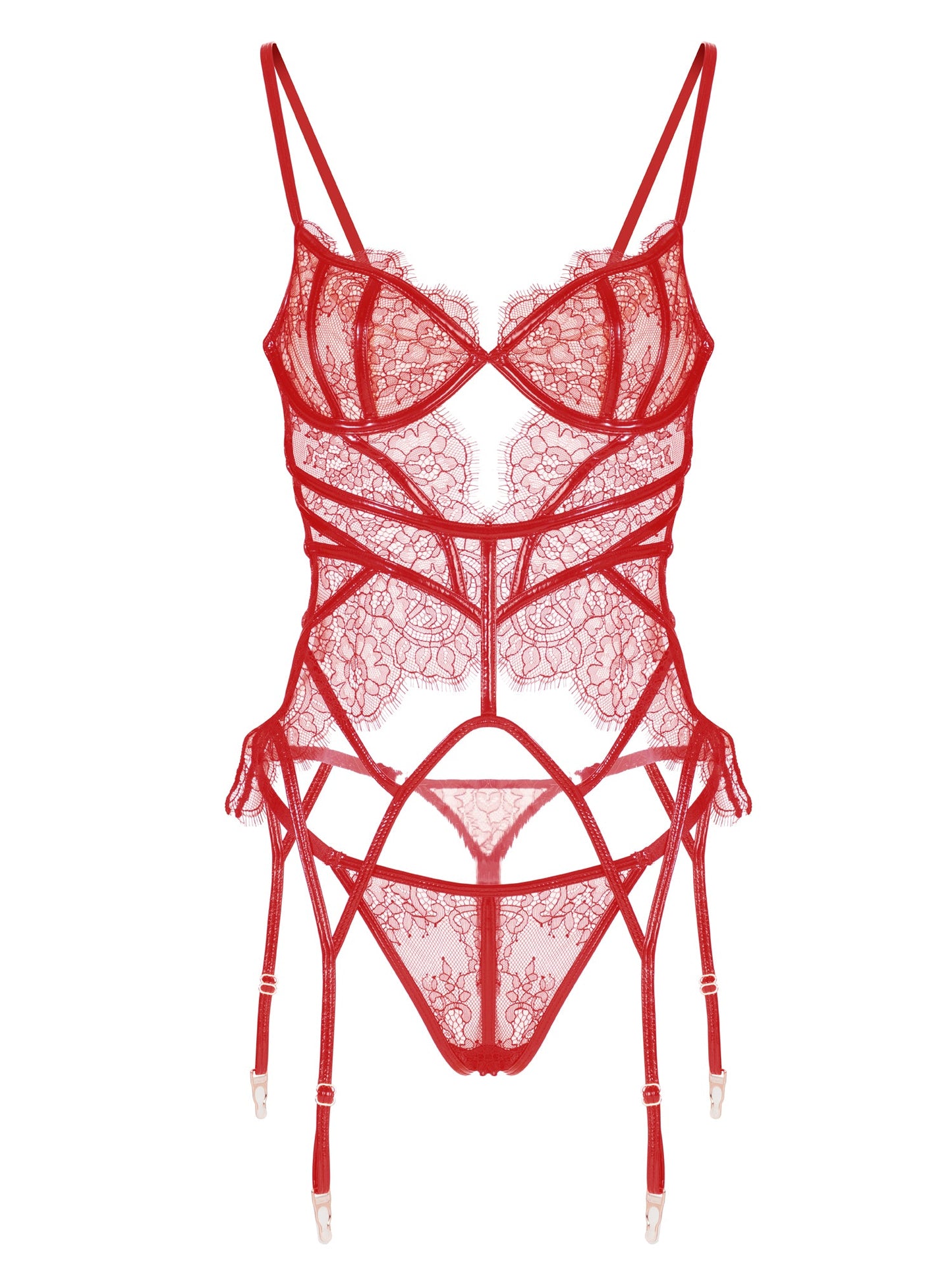 Red Patent Leather Lingerie Set with Intricate Embroidery