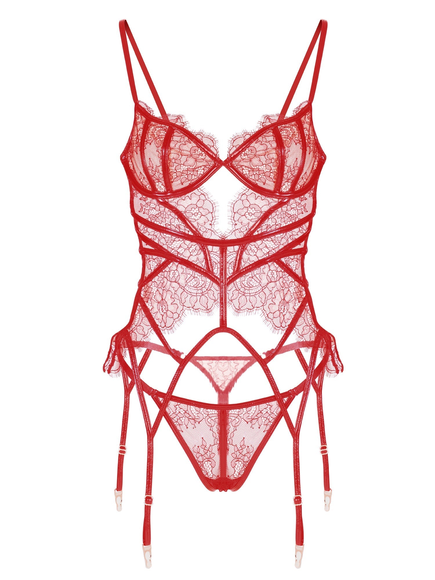Sexy Red Patent Leather Lingerie Set With Lace Embroidery Hello.LA.Girl