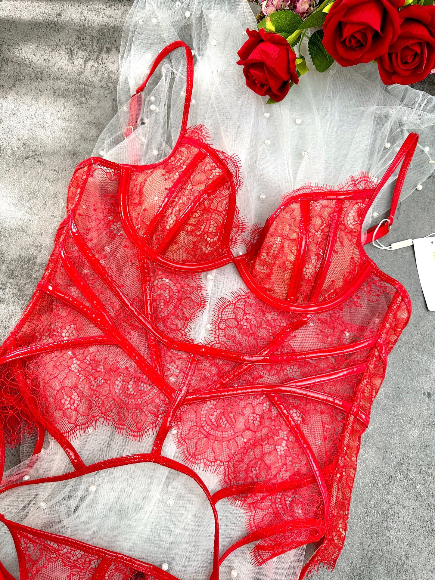 Red Patent Leather Lingerie Set with Intricate Embroidery