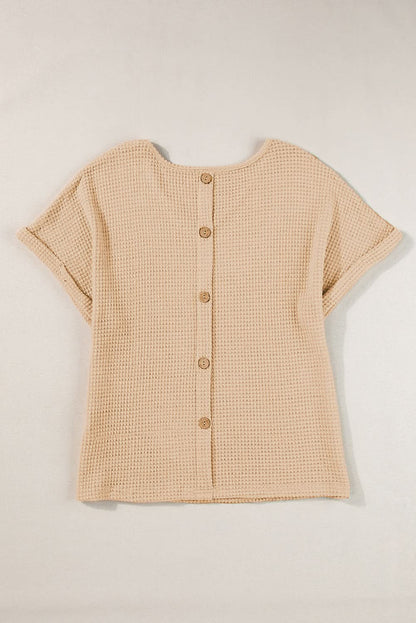 Oatmeal Textured Knit Button Back Cuffed Sleeve Tee - Love Salve 