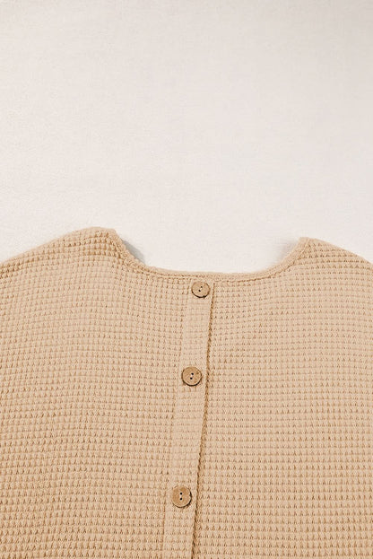 Oatmeal Textured Knit Button Back Cuffed Sleeve Tee - Love Salve 
