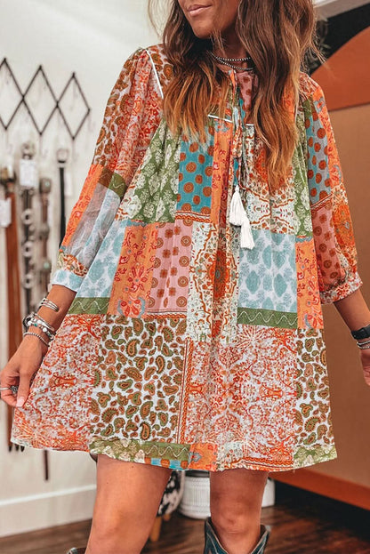 Orange Boho Paisley Mixed Print 3/4 Sleeve Chiffon Loose Dress - Love Salve 