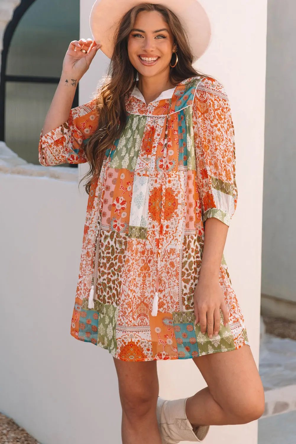 Orange Boho Paisley Mixed Print 3/4 Sleeve Chiffon Loose Dress - Love Salve 