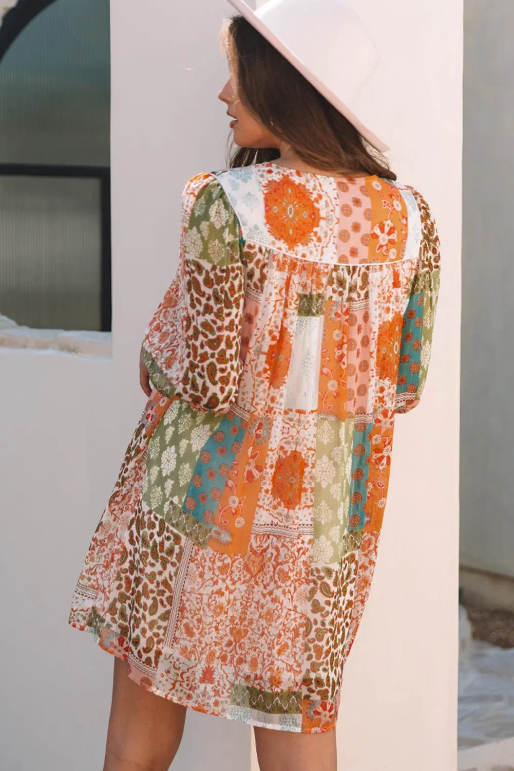 Orange Boho Paisley Mixed Print 3/4 Sleeve Chiffon Loose Dress - Love Salve 
