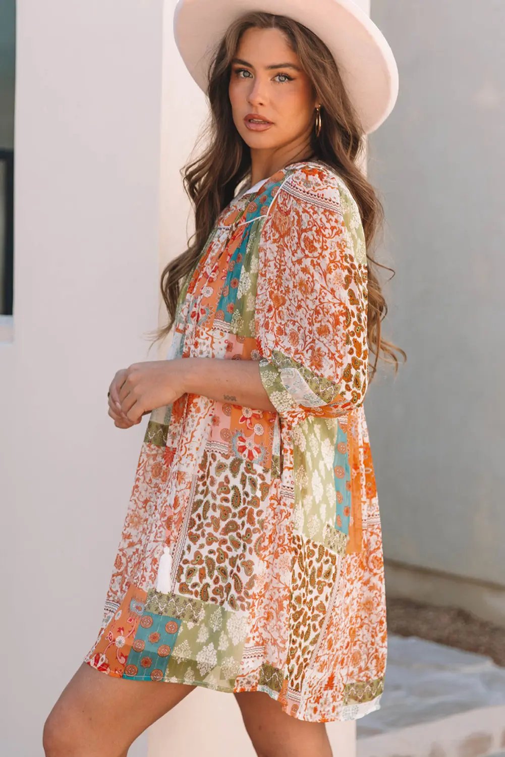 Orange Boho Paisley Mixed Print 3/4 Sleeve Chiffon Loose Dress - Love Salve 