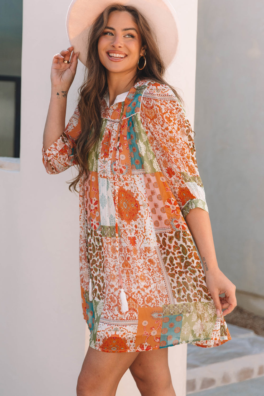 Orange Boho Paisley Mixed Print 3/4 Sleeve Chiffon Loose Dress - Love Salve 