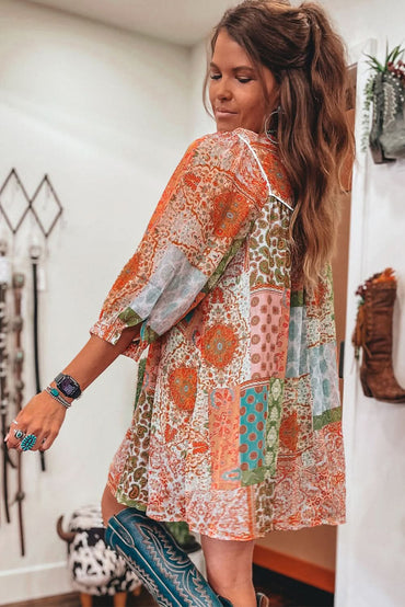 Orange Boho Paisley Mixed Print 3/4 Sleeve Chiffon Loose Dress - Love Salve 