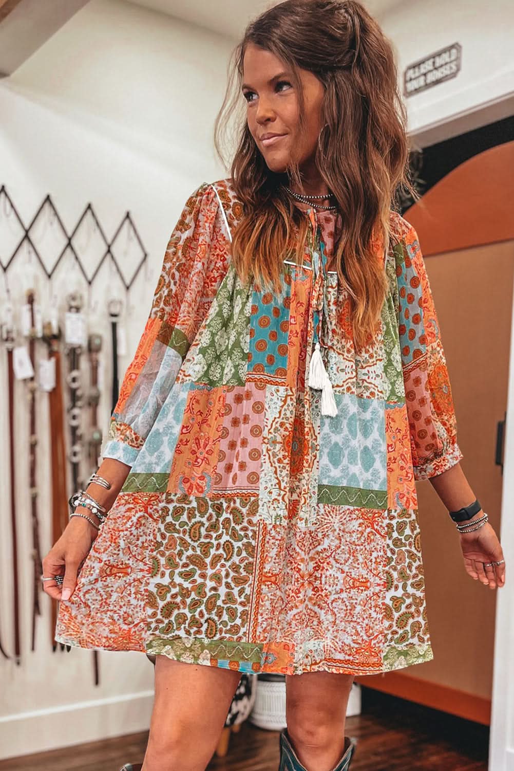 Orange Boho Paisley Mixed Print 3/4 Sleeve Chiffon Loose Dress - Love Salve 