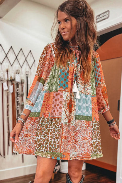 Orange Boho Paisley Mixed Print 3/4 Sleeve Chiffon Loose Dress - Love Salve 