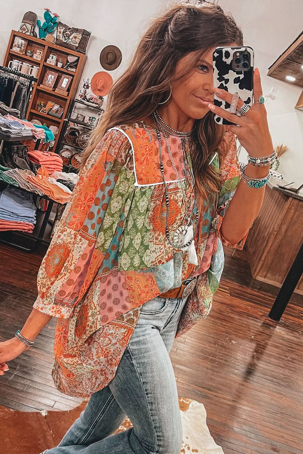 Orange Boho Paisley Mixed Print 3/4 Sleeve Chiffon Loose Dress - Love Salve 