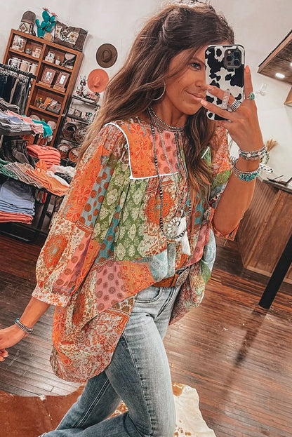 Orange Boho Paisley Mixed Print 3/4 Sleeve Chiffon Loose Dress - Love Salve 