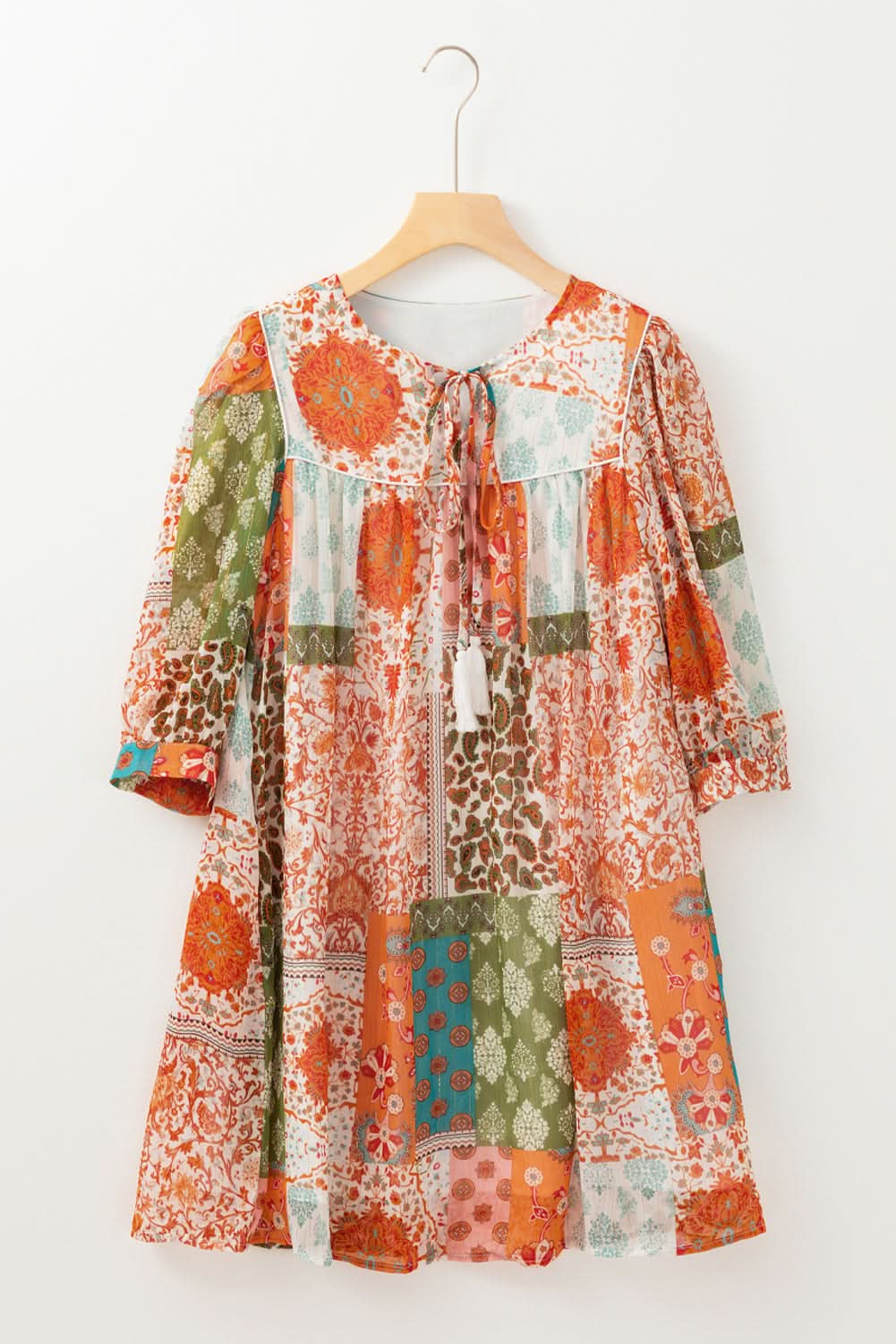 Orange Boho Paisley Mixed Print 3/4 Sleeve Chiffon Loose Dress - Love Salve 