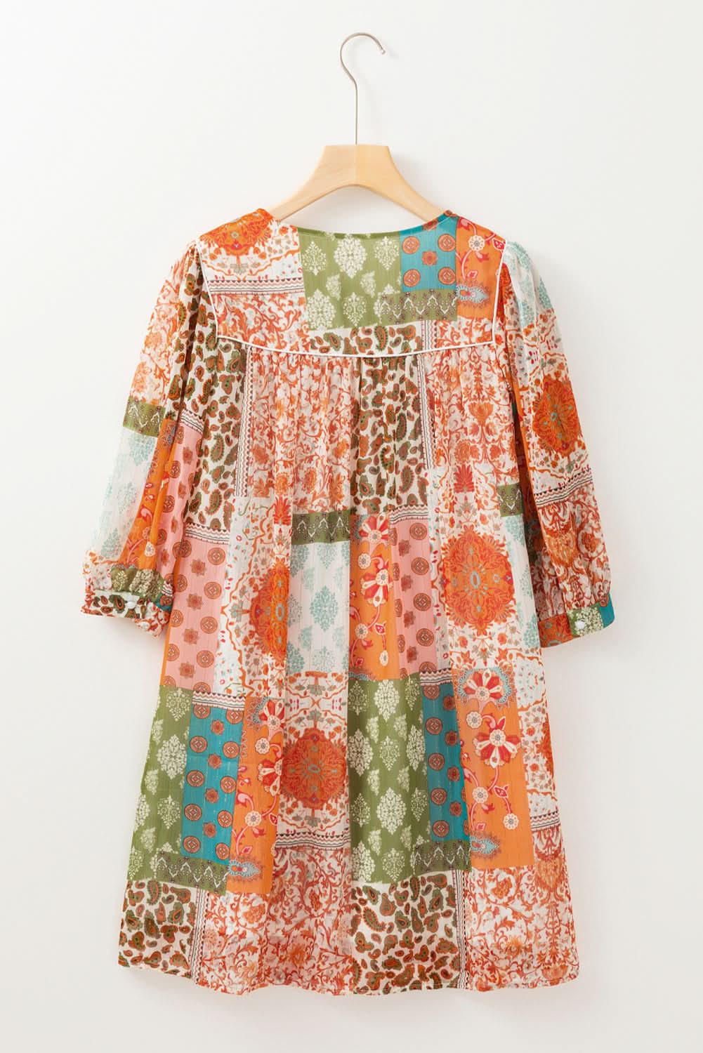 Orange Boho Paisley Mixed Print 3/4 Sleeve Chiffon Loose Dress - Love Salve 