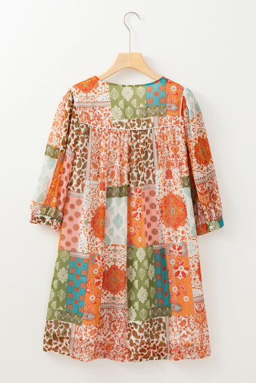 Orange Boho Paisley Mixed Print 3/4 Sleeve Chiffon Loose Dress - Love Salve 