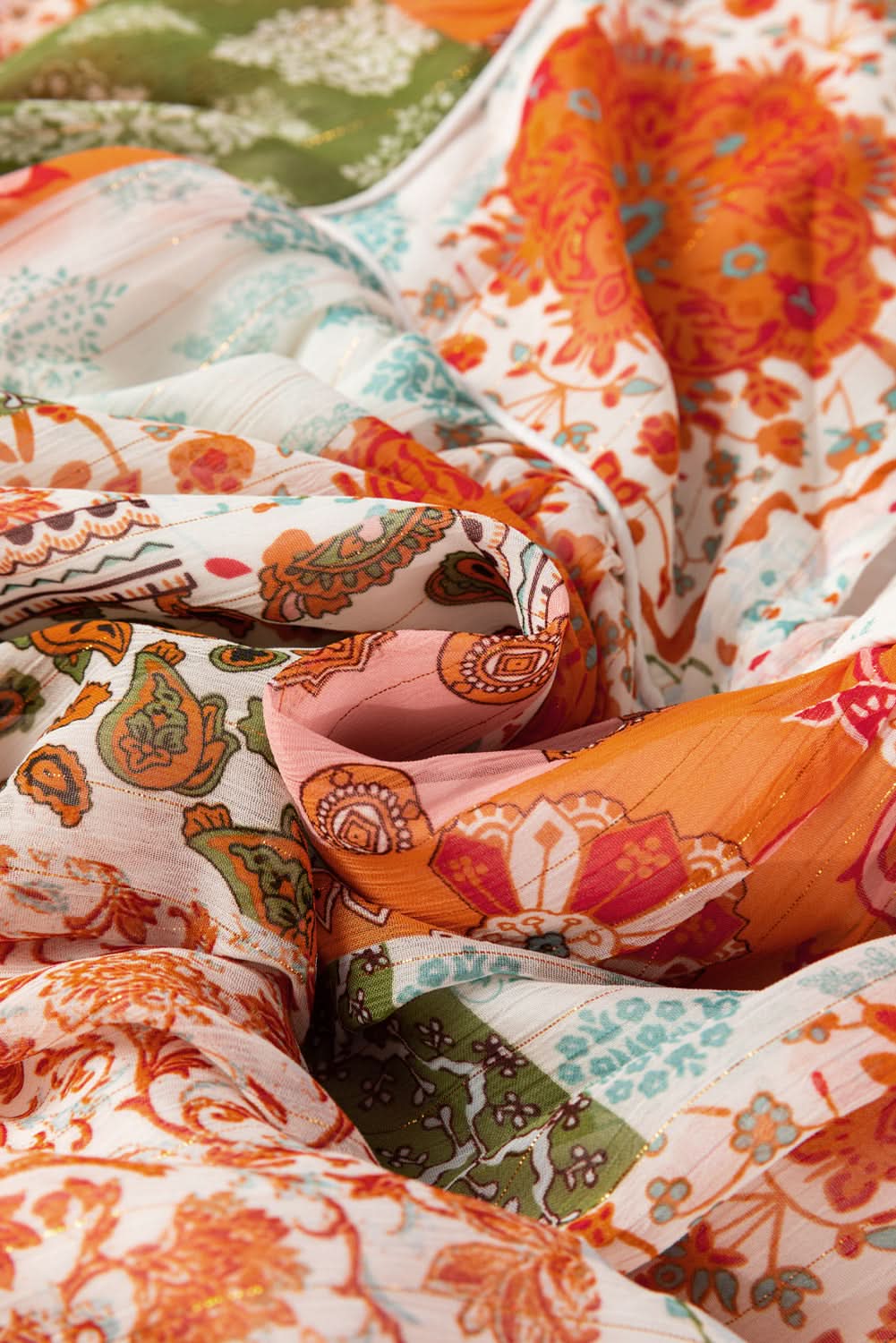 Orange Boho Paisley Mixed Print 3/4 Sleeve Chiffon Loose Dress - Love Salve 