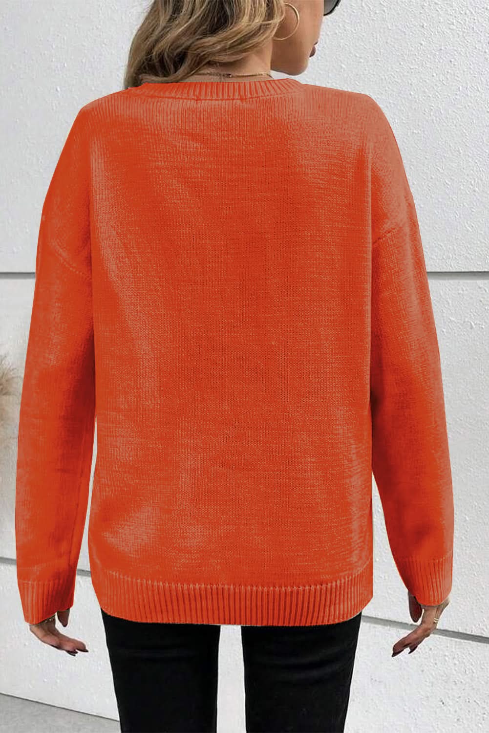Orange Boo Knitted Pattern Ribbed Edge Drop Shoulder Sweater - Love Salve 