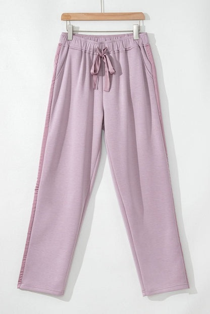 Orchid Petal Drawstring Waist Satin Stripe Patch Straight Leg High Waist Pants - Love Salve 