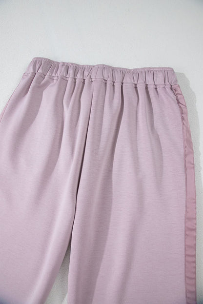 Orchid Petal Drawstring Waist Satin Stripe Patch Straight Leg High Waist Pants - Love Salve 