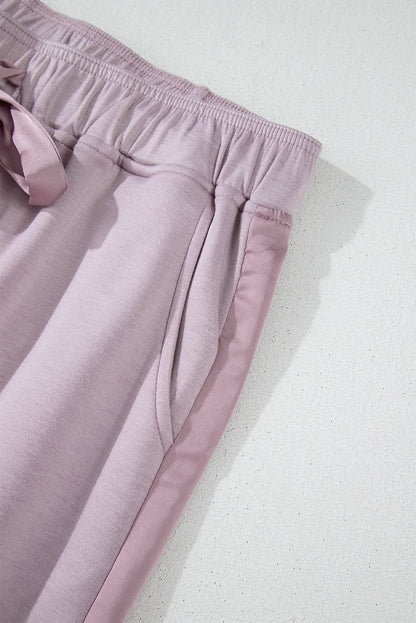 Orchid Petal Drawstring Waist Satin Stripe Patch Straight Leg High Waist Pants - Love Salve 