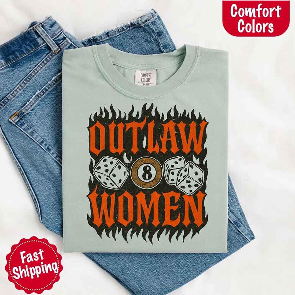 Back view of the Adorb Custom Tees Outlaw Flames Shirt, showing the relaxed fit of the Comfort Colors vintage western tee.