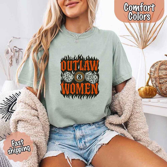 Adorb Custom Tees' Comfort Colors Outlaw Women Flames Shirt. A vintage western cowgirl tee with a bold outlaw and flames grap