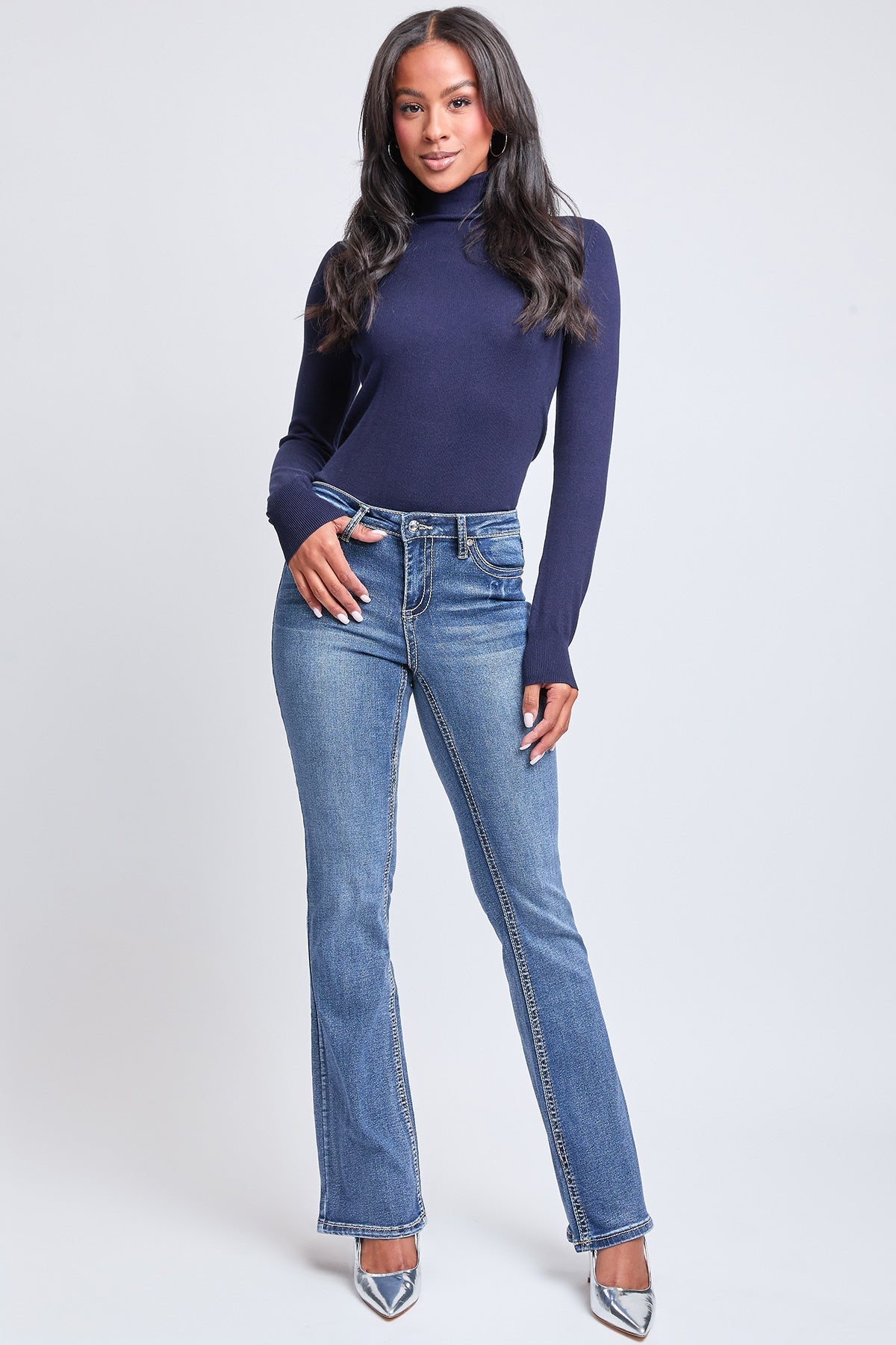 Women's Mid Rise Heavy Stitch Bootcut Cross Studded Jeans YMI JEANS