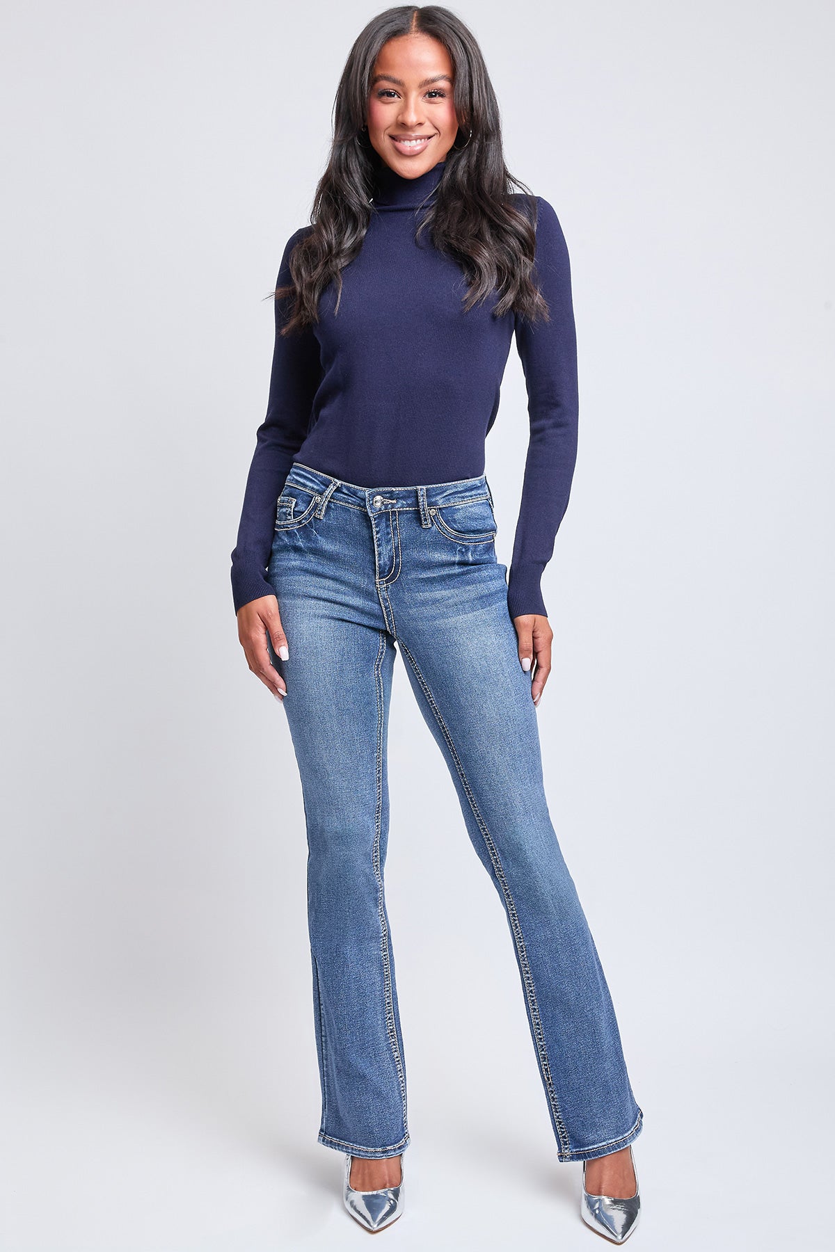 Women's Mid Rise Heavy Stitch Bootcut Cross Studded Jeans YMI JEANS