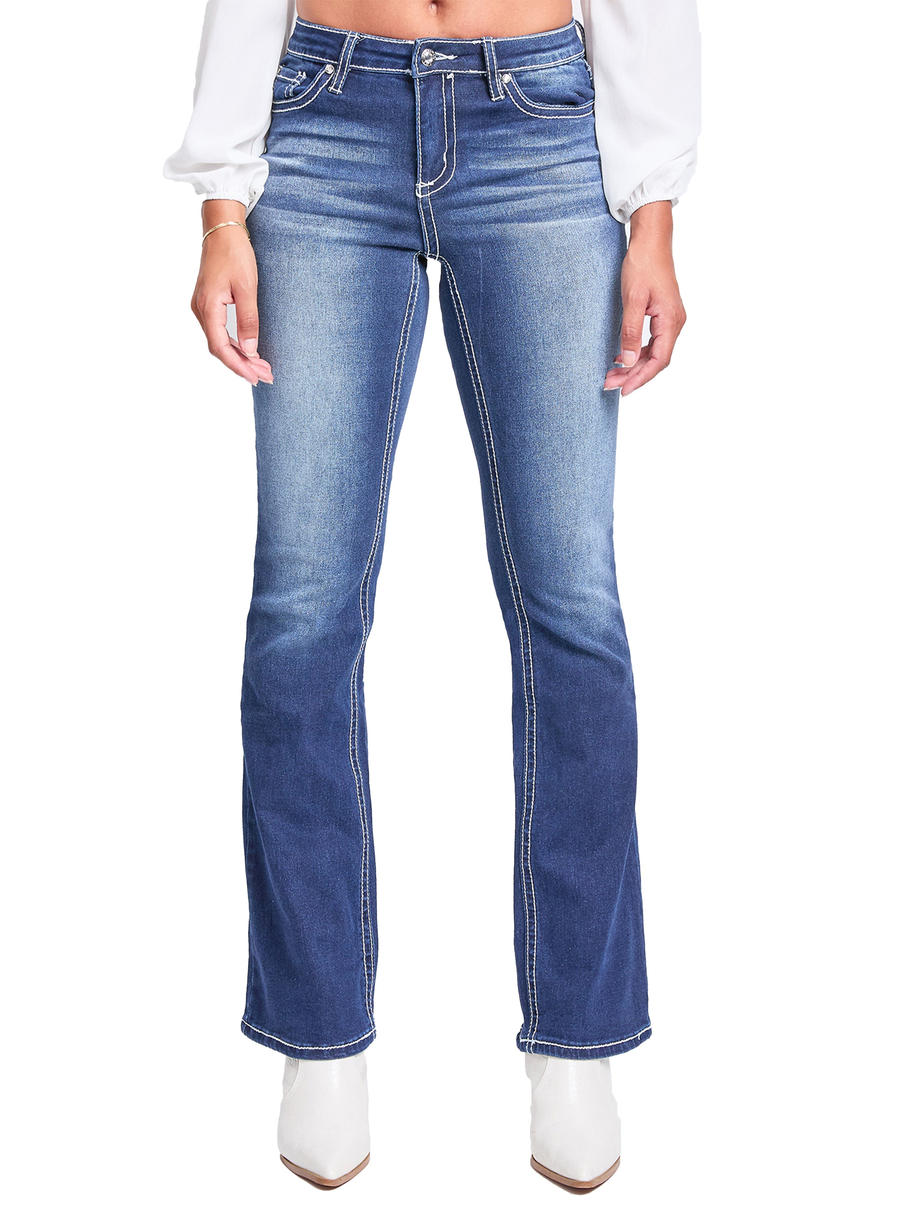 Women's Mid Rise Heavy Stitch Bootcut Cross Studded Jeans YMI JEANS